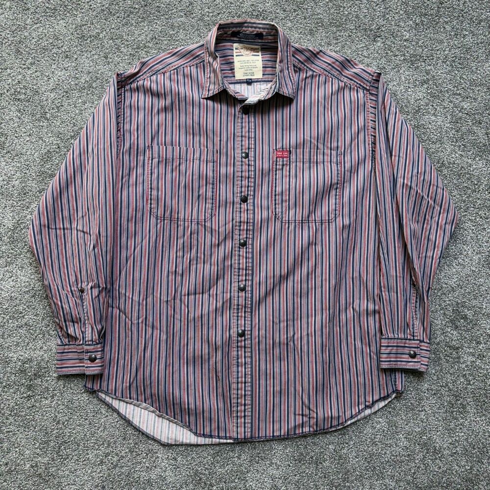 Tommy Jeans Hilfiger Mens Vintage Button Up Snap Shirt Striped Blue Red M 90s